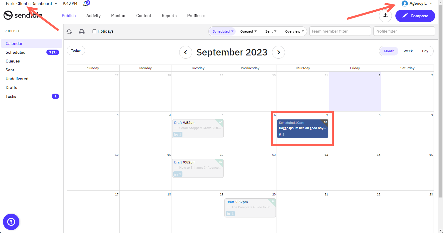 Calendar showing posts from all accounts.