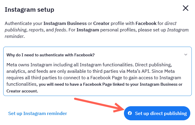 Screenshot of the Instagram setup box where you can click to set up direct publishing