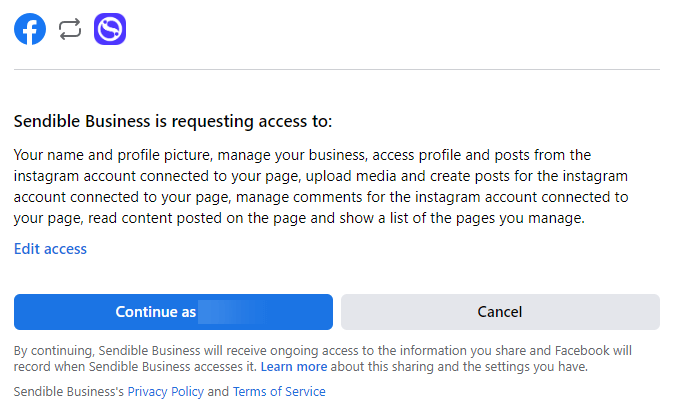 Screenshot of the box from Meta asking you to grant access to your account