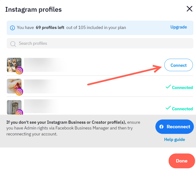 Screenshot of the Instagram profile box listing all the available Instagram accounts that can be connected