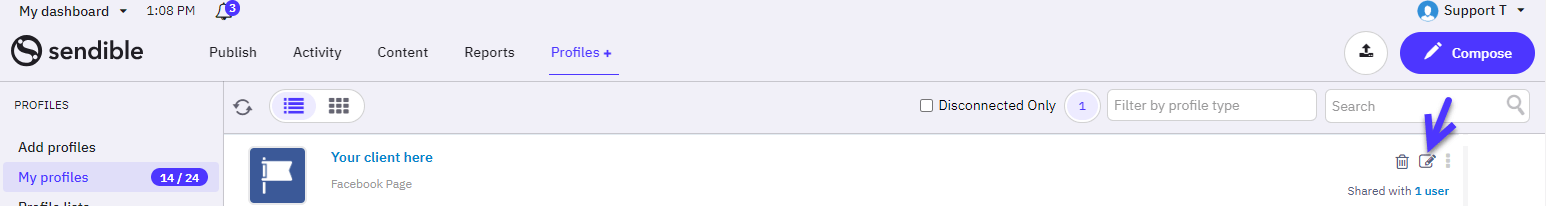 A screenshot highlighting the edit option for a profile in the My Profiles area.