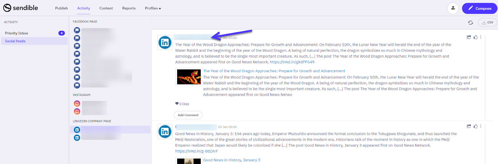 Image shows clicking on the user for LinkedIn