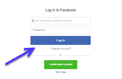 The Facebook login screen which appears if you are currently logged out