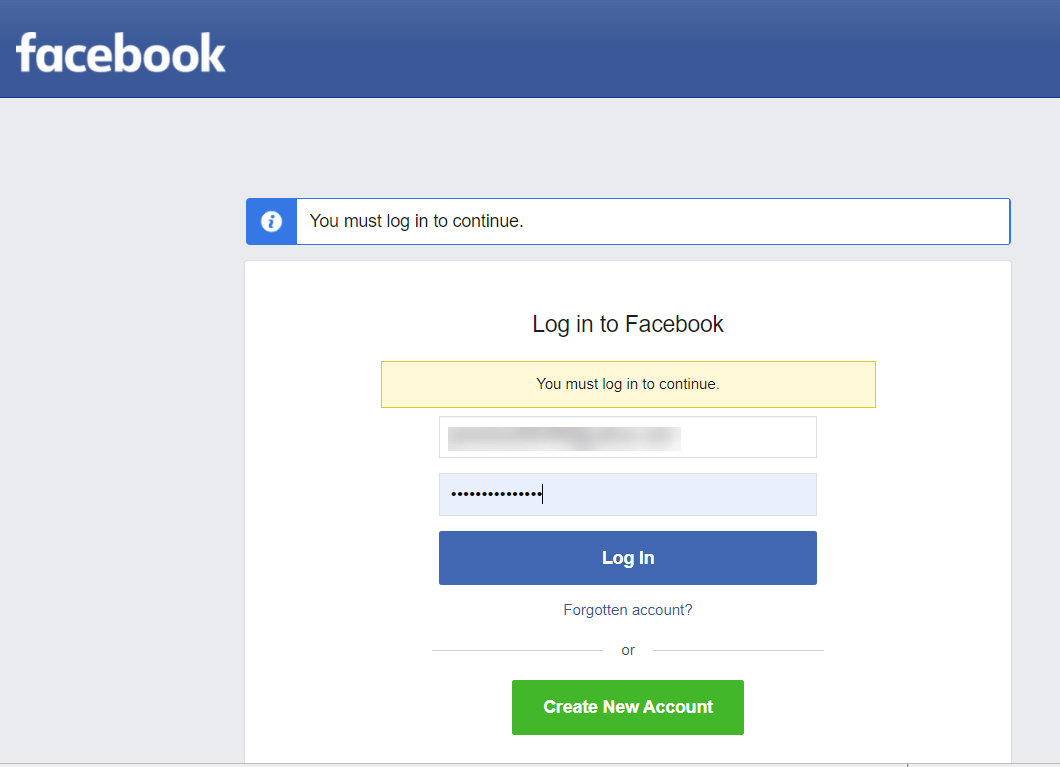 A screenshot of Facebook prompting a user to log in to their account.