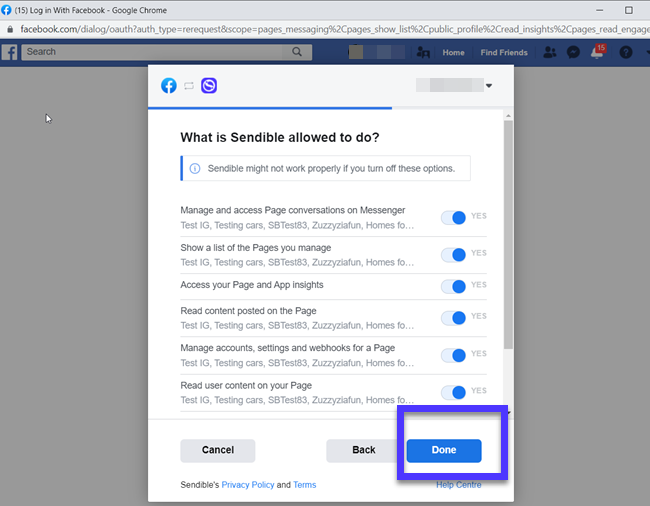 Facebook permissions dialog with Done button.