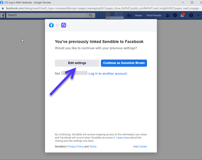 A screenshot of the Facebook connection flow with the edit settings option highlighted for the user to click.