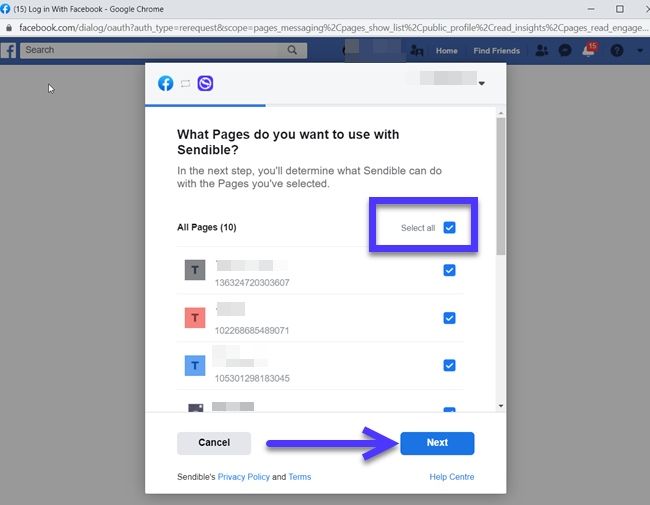 A screenshot showing all of the available Facebook Page connections with the 'Select All' checkbox ticked off.