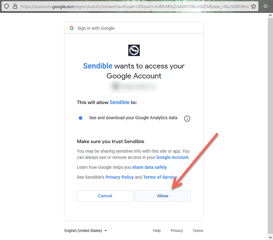The grant access screen for a Google account