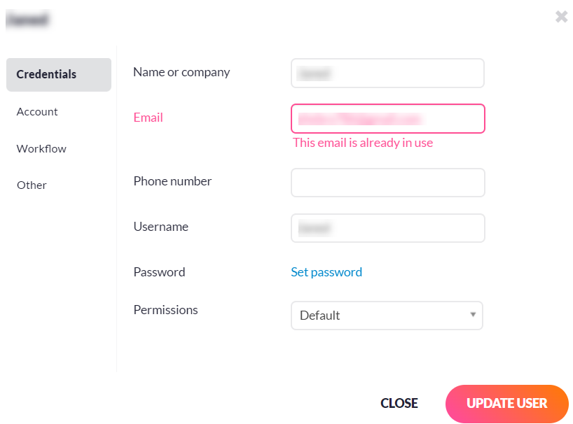 Edit user dialog box where you can update their email address