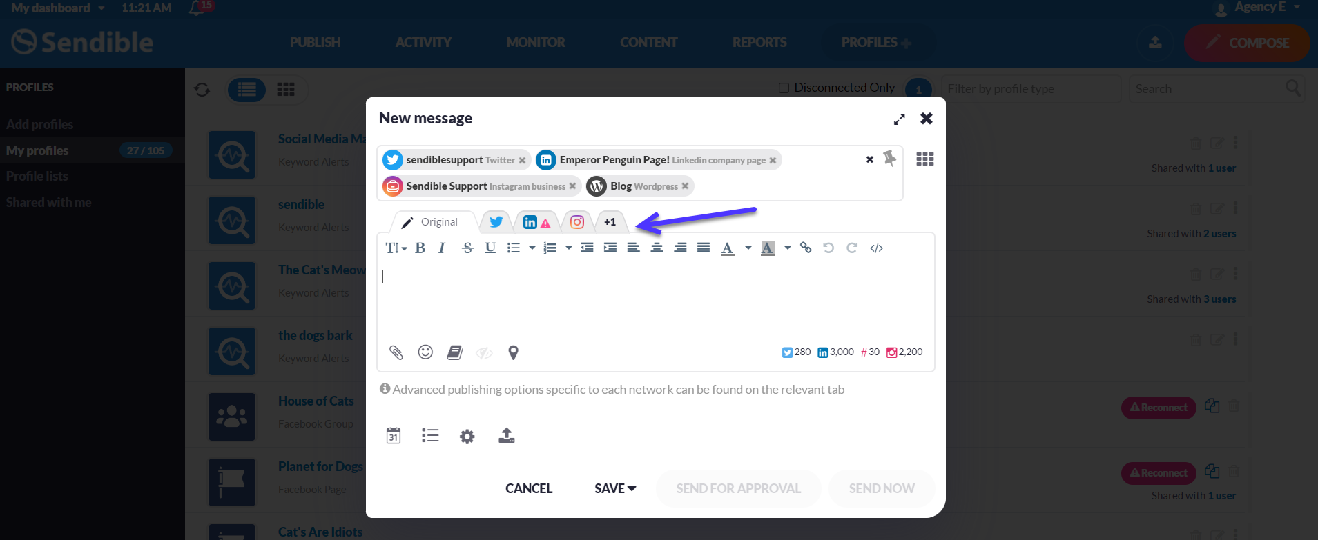 The open Compose Box with an arrow pointing to the +1 Smart Tab