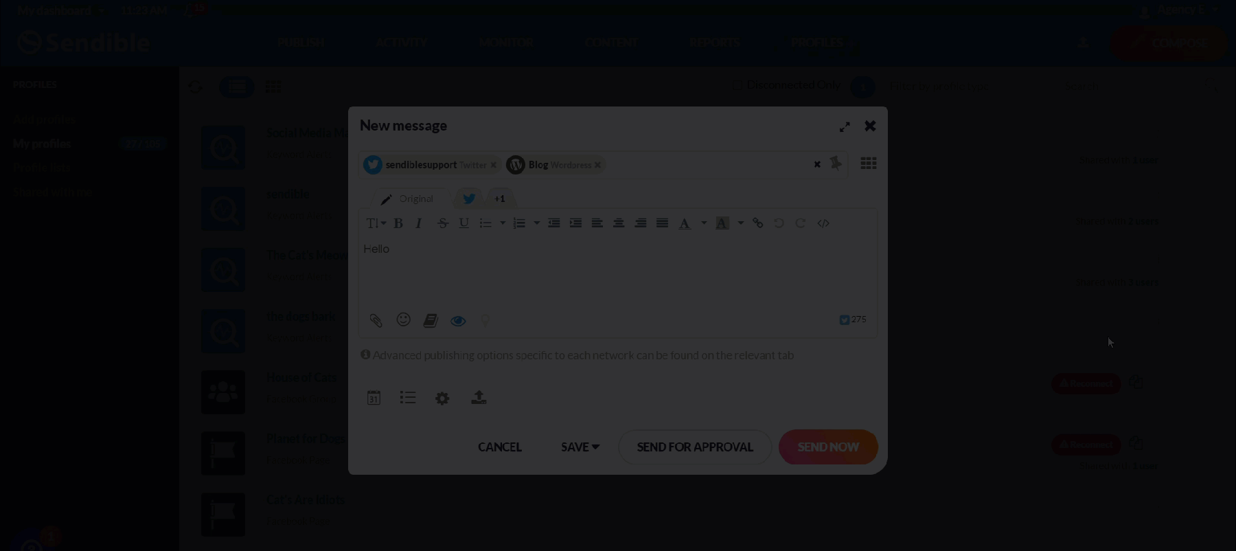 Gif animation showing the open Compose Box and how to schedule a post for a future date and time