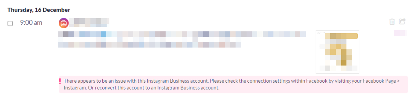 Image showing the undelivered error - There appears to be an issue with the Instagram Business account