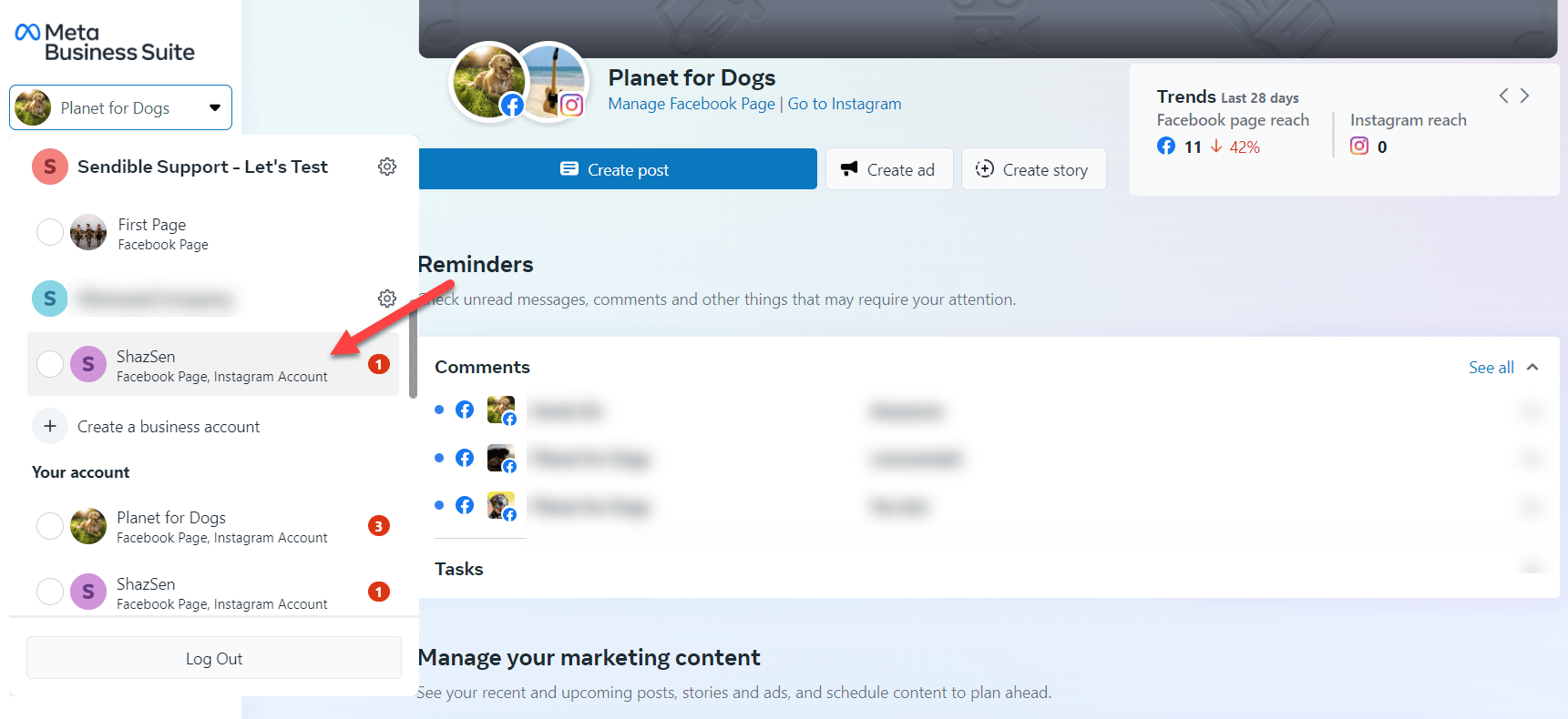 A screenshot showing Meta Business Suite and the user is selecting the Facebook Page that is connected to their Instagram Business account via the dropdown on the top left of the screen.