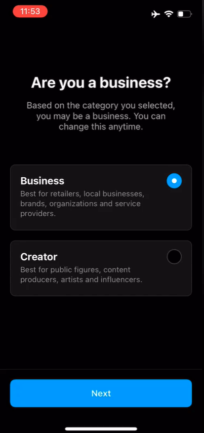 A screenshot of the area where Instagram lets the user decide if they want to select a Creator or Business account.