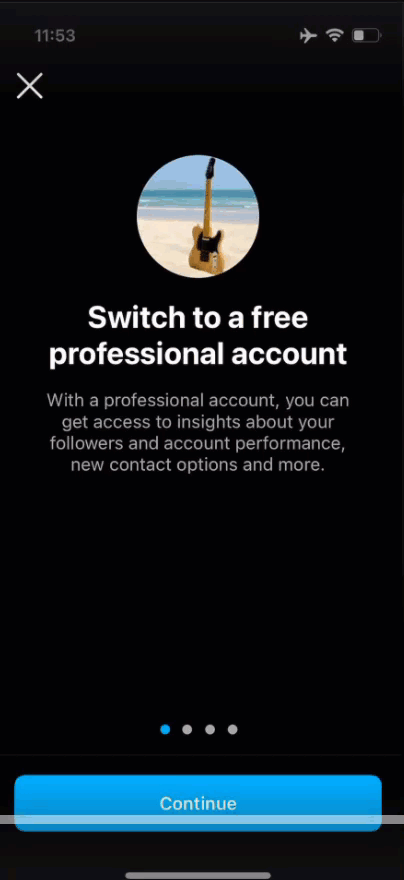 A gif which shows the steps a user must walk through when converting their Instagram account from Personal to Professional/Business
