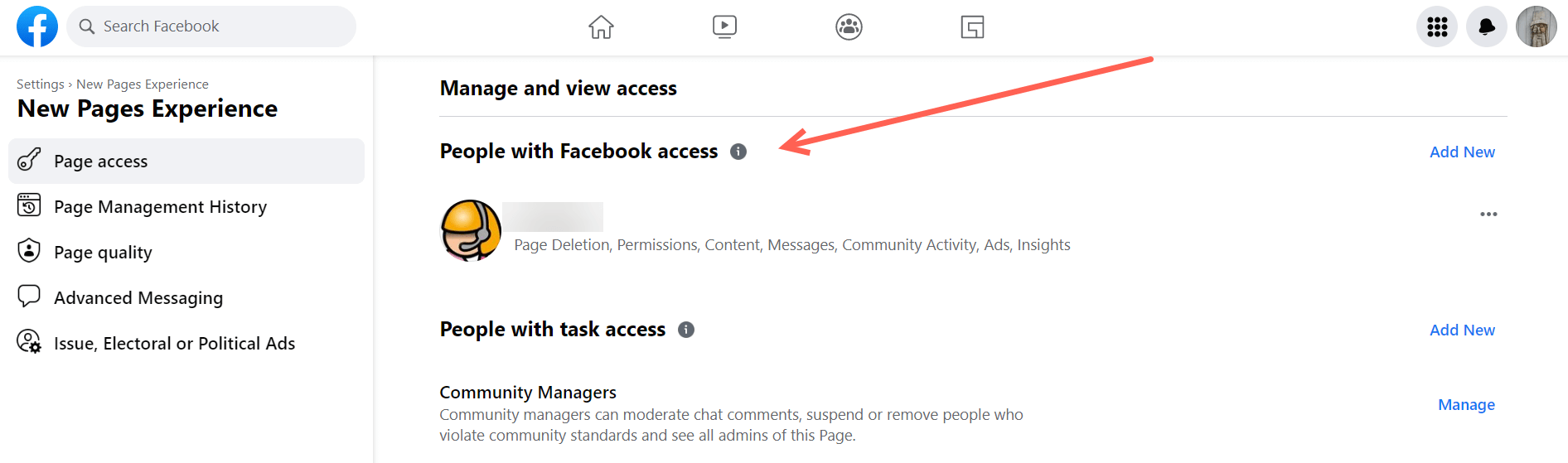 Screenshot of the People with Facebook Access area of a New Page Experience Page access settings