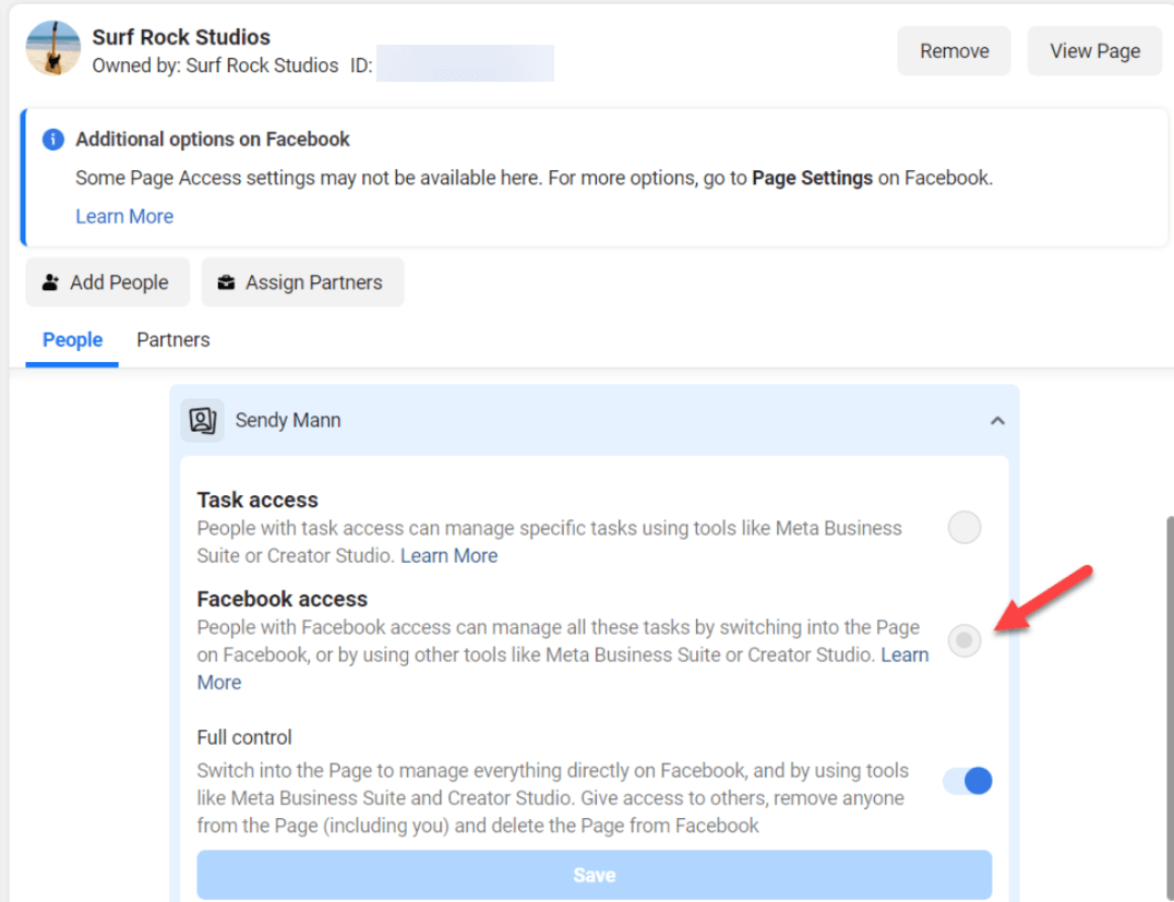 A screenshot showing the settings for a user with Facebook Access in Meta Business Manager