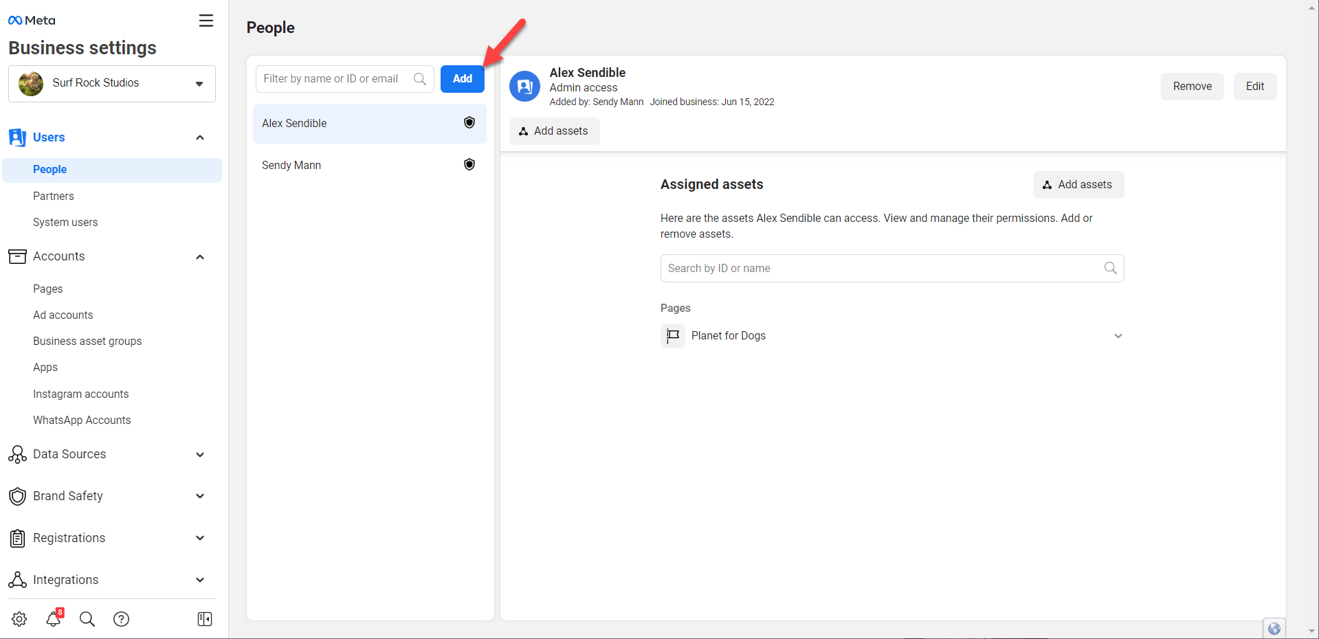 A screenshot of the users page in a Meta Business Manager