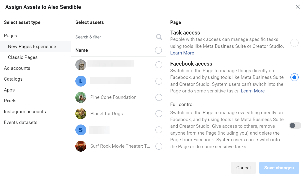 A screenshot of the available options when adding assets to a user in Meta Business Manager