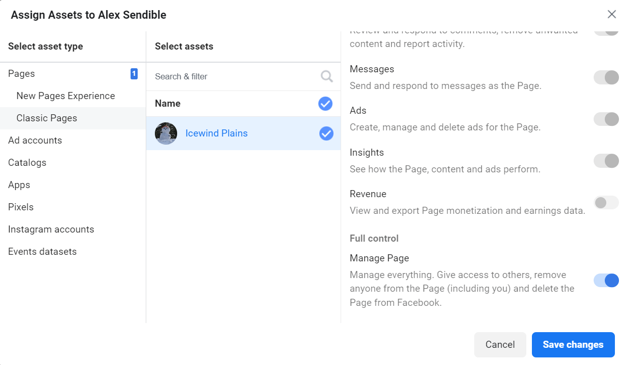 A screenshot showing the full control setting turned on for a Facebook Classic Page in Meta Business Manager