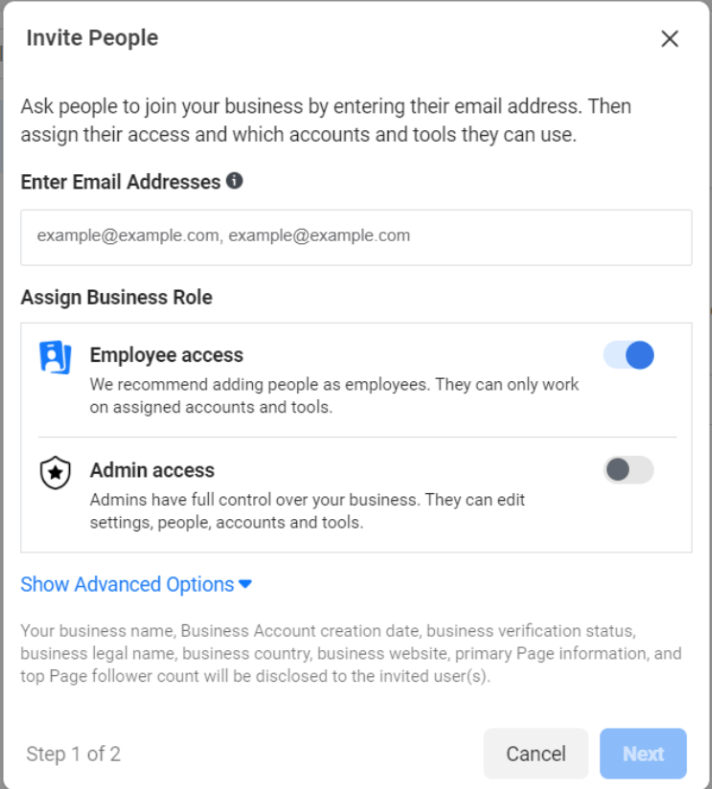 A screenshot of the permissions options when adding a new user to a Meta Business Manager