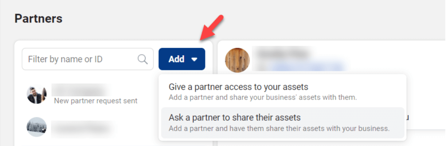 A screenshot showing the options when adding a new Partner in Meta Business Manager