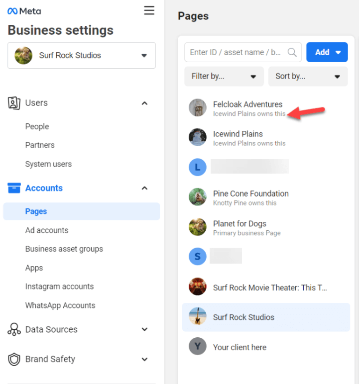 A screenshot showing that the name of the Business Mangaer that owns the Page appears under the Page name in Meta Business Manager