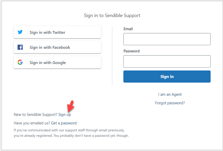 The sign up option is pointed out with an orange arrow on the sign in page