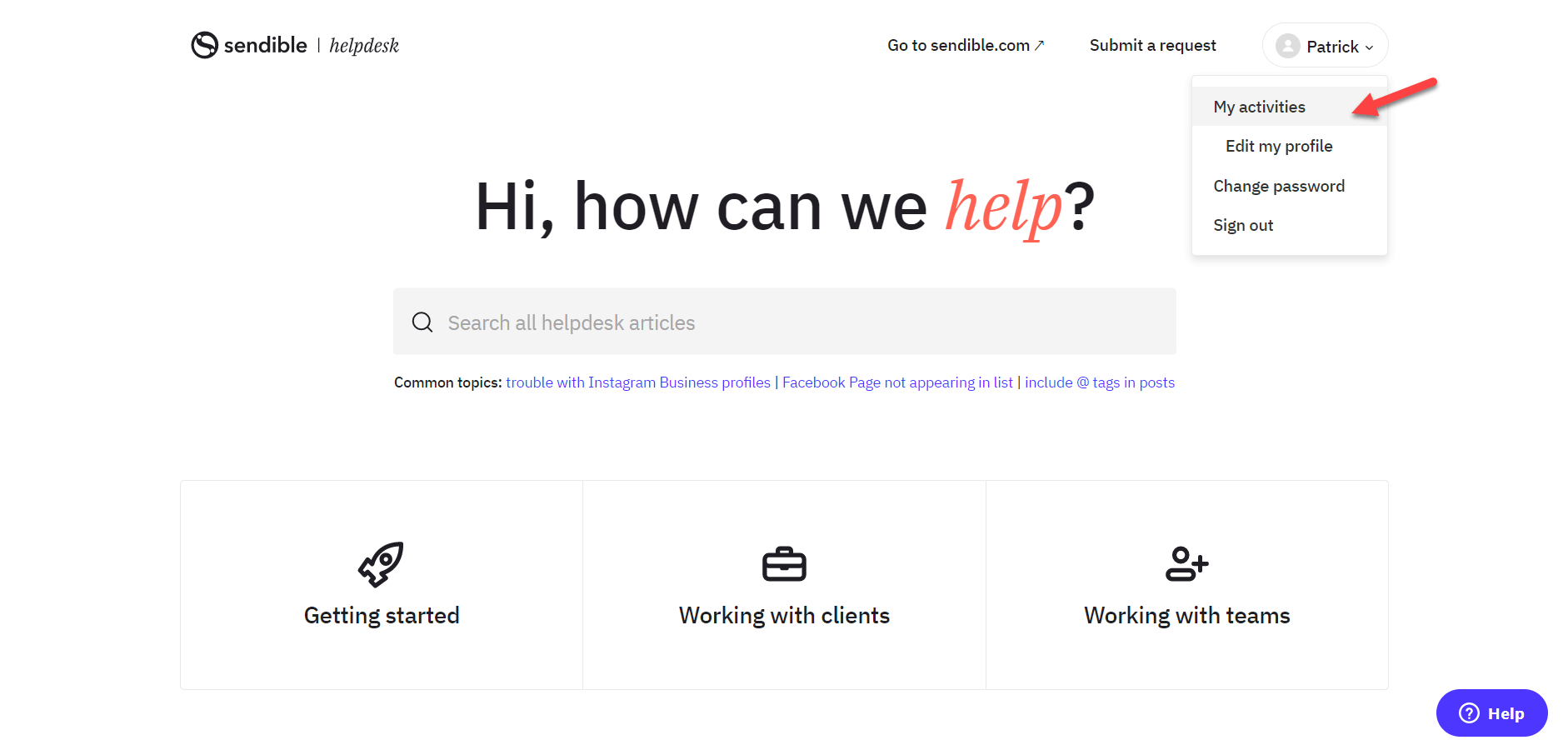 The my activities option is pointed out on the helpdesk